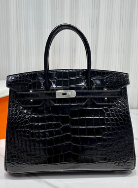 美洲鳄鱼皮高光黑色BK铂金25女士手提包奢侈品女包银扣