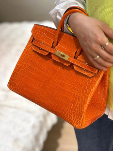 火焰橙色高光进口nino尼罗鳄鱼皮铂金包25Cm女士手提时尚 流行手工