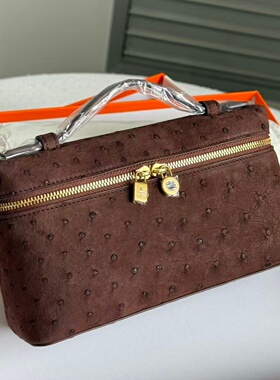 深咖啡色南非进口鸵鸟皮饭盒包真皮女士单肩斜挎小号手提包手工缝