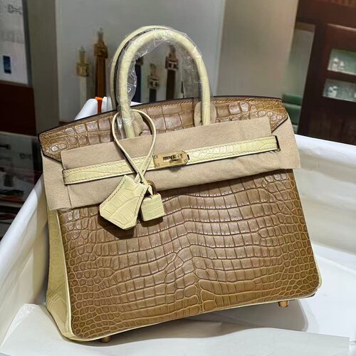 三张进口雾面湾鳄鳄鱼皮BK铂金包25纯手工女士手提包拼色撞色轻奢