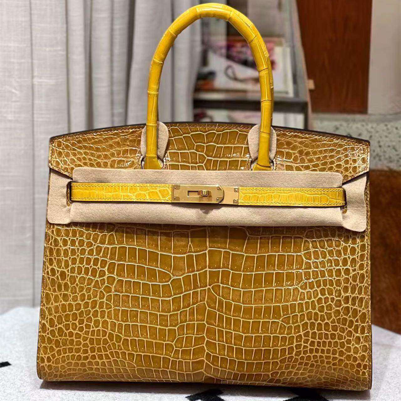 倒V湾鳄进口亮面鳄鱼皮BK铂金包30CM女士手提包手工外缝琥珀黄