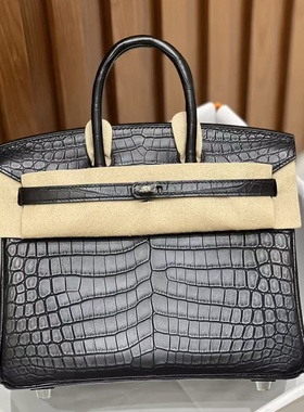 三张雾面尼罗鳄鱼皮BK铂金包25CM女士手提包黑色纯手工奢侈女包