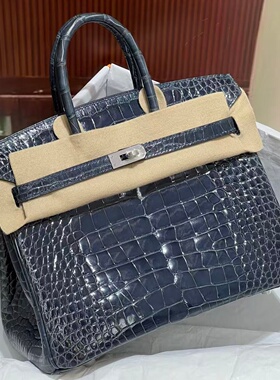 三张高光方块美洲鳄鱼皮BK铂金包25女士手提包纯手工女包带锁深蓝