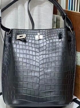 进口兴隆雾面尼罗鳄鱼皮凯莉女包高档水桶包纯手工缝黑色银扣购物