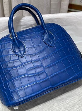 深蓝色雾面美洲鳄鱼皮女包bolide保龄球女士手提包mini迷你手工包