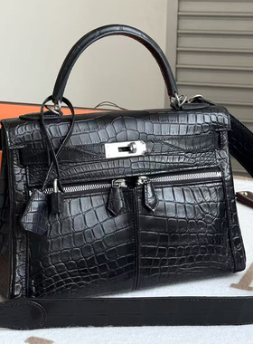 雾面尼罗鳄鱼皮Lakis28凯莉包女士手提包纯手工高端定制女包黑银