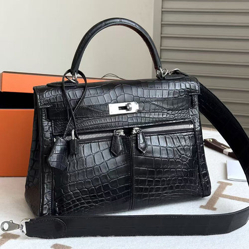 雾面尼罗鳄鱼皮Lakis28凯莉包女士手提包纯手工高端定制女包黑银
