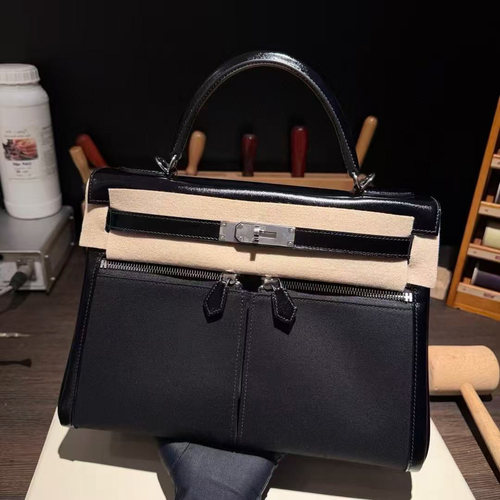 Lakis32凯莉包BOX皮拼帆布女士手提包手工女包黑色银扣男女通用