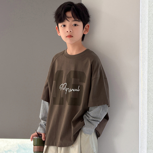 男童长袖t恤春秋款2026新款大儿童装运动假两件上衣男孩春装卫衣T