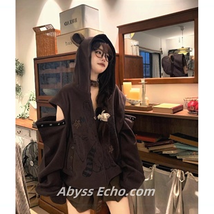 Y2k千禧宅萌兔耳朵卫衣外套女宽松镂空设计感亚文化上衣女春季