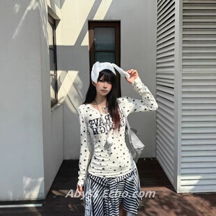 亚文化星星印花修身长袖女春季千禧辣妹风收腰显瘦短上衣t恤女潮