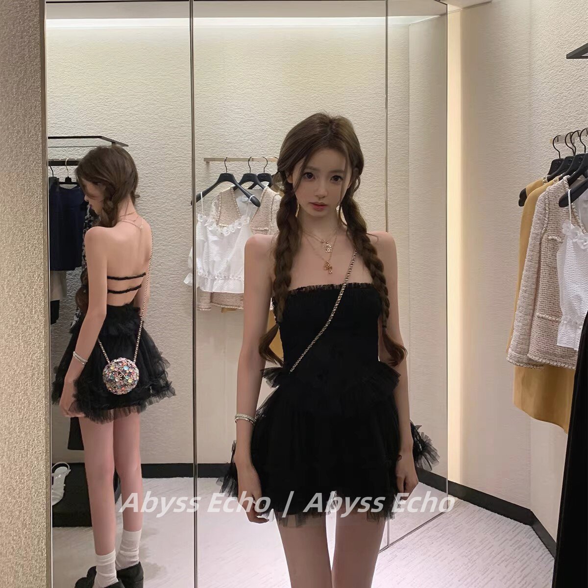 复古暗黑系连衣裙春季新款性感褶皱抹胸蕾丝露背蓬蓬短裙子收腰