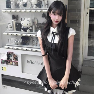 亚萌正版甜美千金风假两件连衣裙女学院风公主礼裙娃娃领短袖裙子