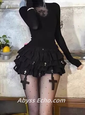 辣妹y2k哥特风十字架黑色蛋糕裙女高腰哥特风蓬蓬半身裙子视觉系