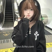 亚文化上衣萌亚猫耳朵十字刺绣宅系春款 连帽漏肩卫衣外套女y2k