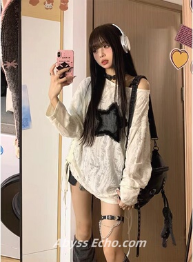 亚文化宅系辣妹t恤斜肩上衣春季新款破洞宽松慵懒长袖罩衫打底衫