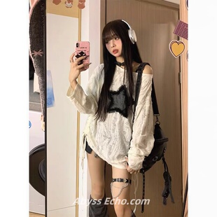 罩衫 亚文化宅系辣妹t恤斜肩上衣春季 新款 破洞宽松慵懒长袖 打底衫