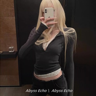 轻亚系暗黑风上衣假两件蕾丝拼接显瘦修身长袖T恤辣妹打底衫春季