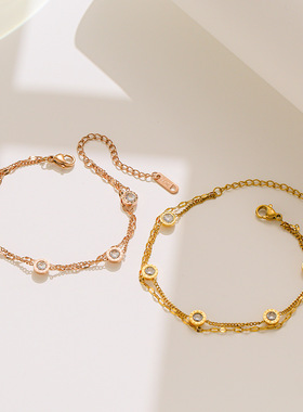 韩版简约日韩国罗马镶钻玫瑰金手链双层钛钢单钻欧美时尚流行饰品