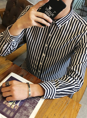 衬衫男长袖春款白色条纹青少年修身学生打底衫外套男青年团购