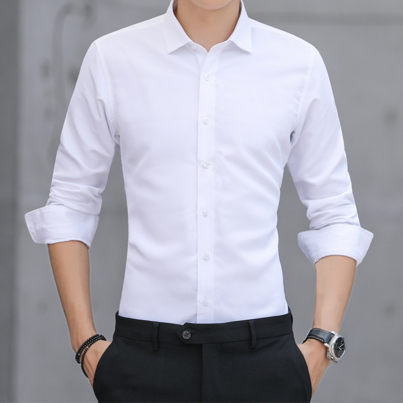男士长袖纯色商务休闲时尚衬衫修身白色职业男上班工装大码衬衣潮