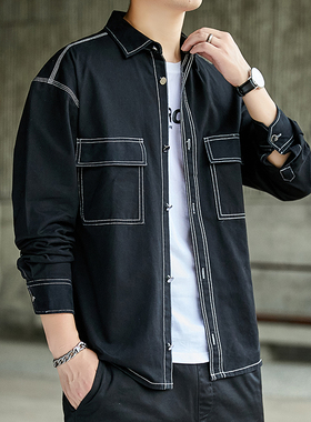 秋冬季衬衫男韩版纯色牛仔工装长袖帅气宽松外套休闲衬衣夹克痞帅