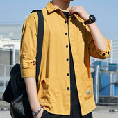 春夏新款 牛仔工装 纯棉衬衫 新款 男七分袖 长袖 纯色宽松痞帅衬衣短袖