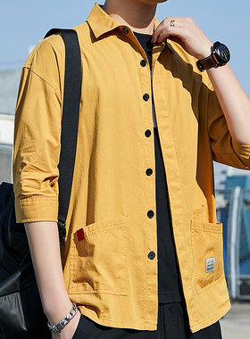 新款春夏新款纯棉衬衫男七分袖长袖牛仔工装纯色宽松痞帅衬衣短袖