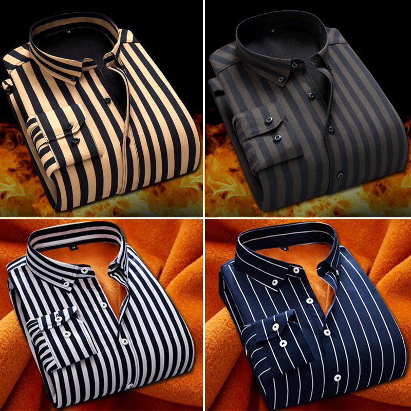 2019冬季新款男士长袖加绒加厚条纹衬衫保暖冬天暖和商务休闲衬衣