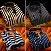 新款 男士 长袖 2019冬季 加绒加厚条纹衬衫 保暖冬天暖和商务休闲衬衣