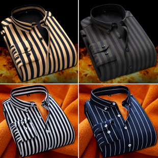 加绒加厚条纹衬衫 2019冬季 长袖 男士 保暖冬天暖和商务休闲衬衣 新款