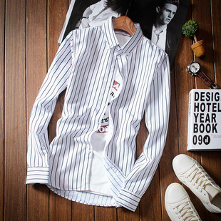 新款 条纹修身 青少年男士 衬衫 打底学生发型师衬衣 长袖 2018春季