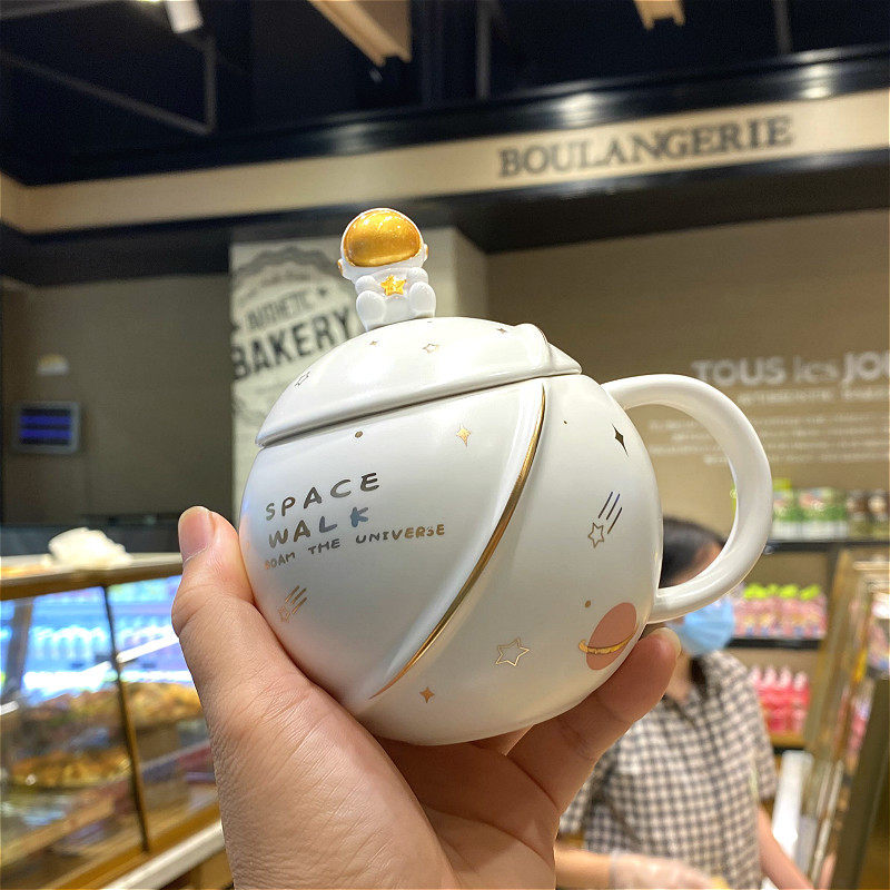 星球马克杯带盖咖啡杯子陶瓷燕麦马克杯