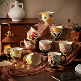 浮雕高脚早茶杯中古带把陶瓷早餐杯燕麦咖啡杯轻奢高级外贸水杯