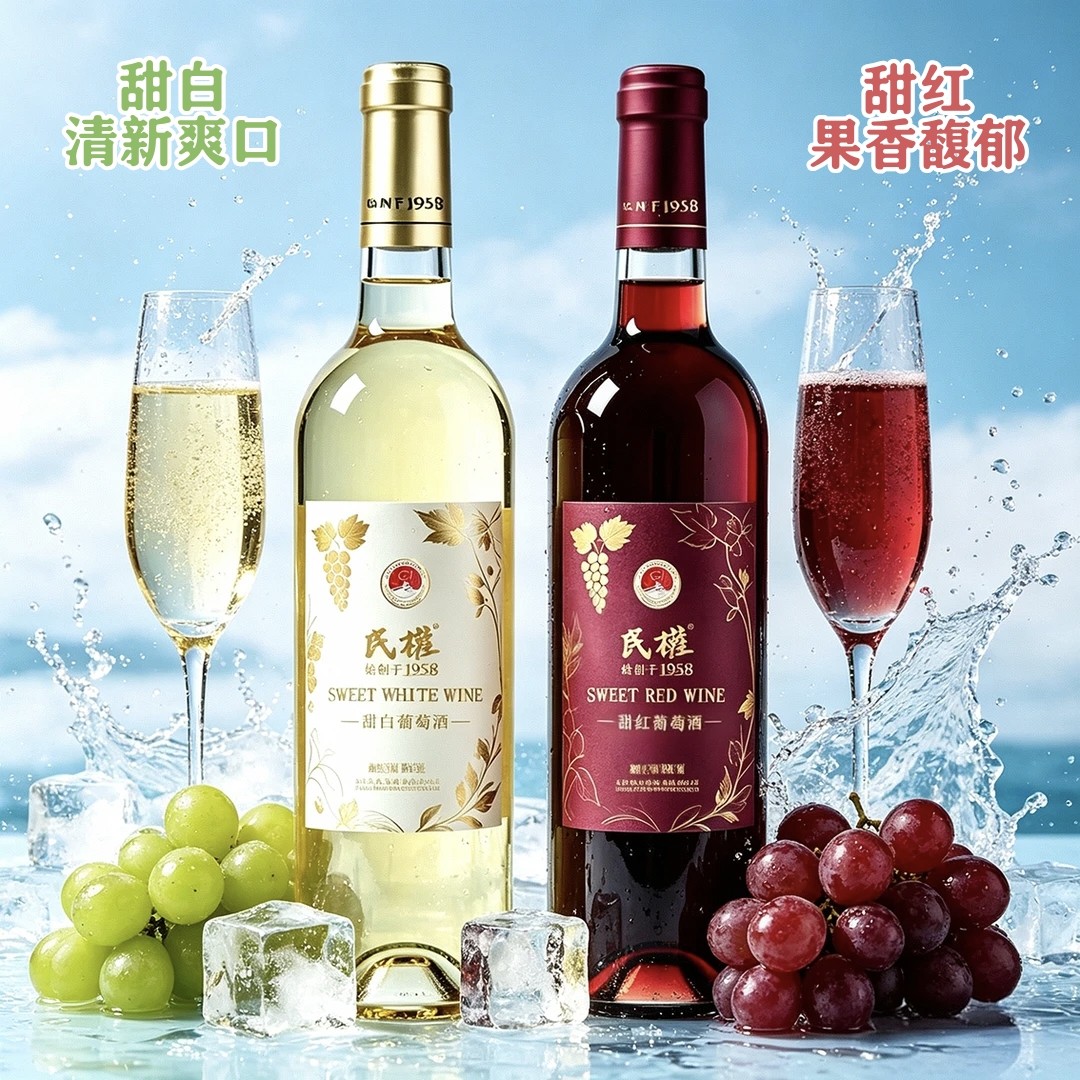 新品福利-民权1958甜红甜白11.5°微醺甜型红白葡萄酒婚喜宴请