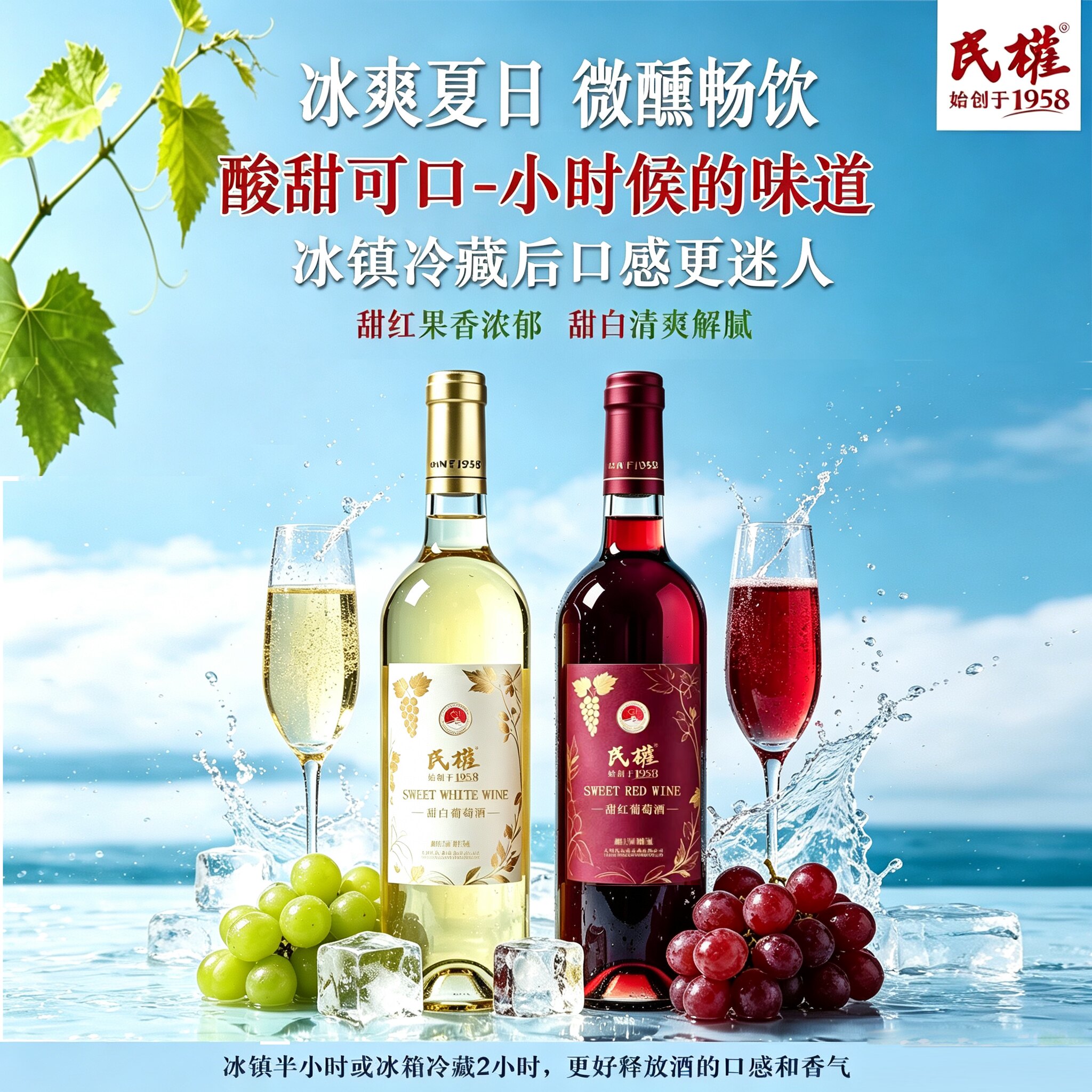 新品福利-民权1958甜红甜白11.5°微醺甜型红白葡萄酒婚喜宴请