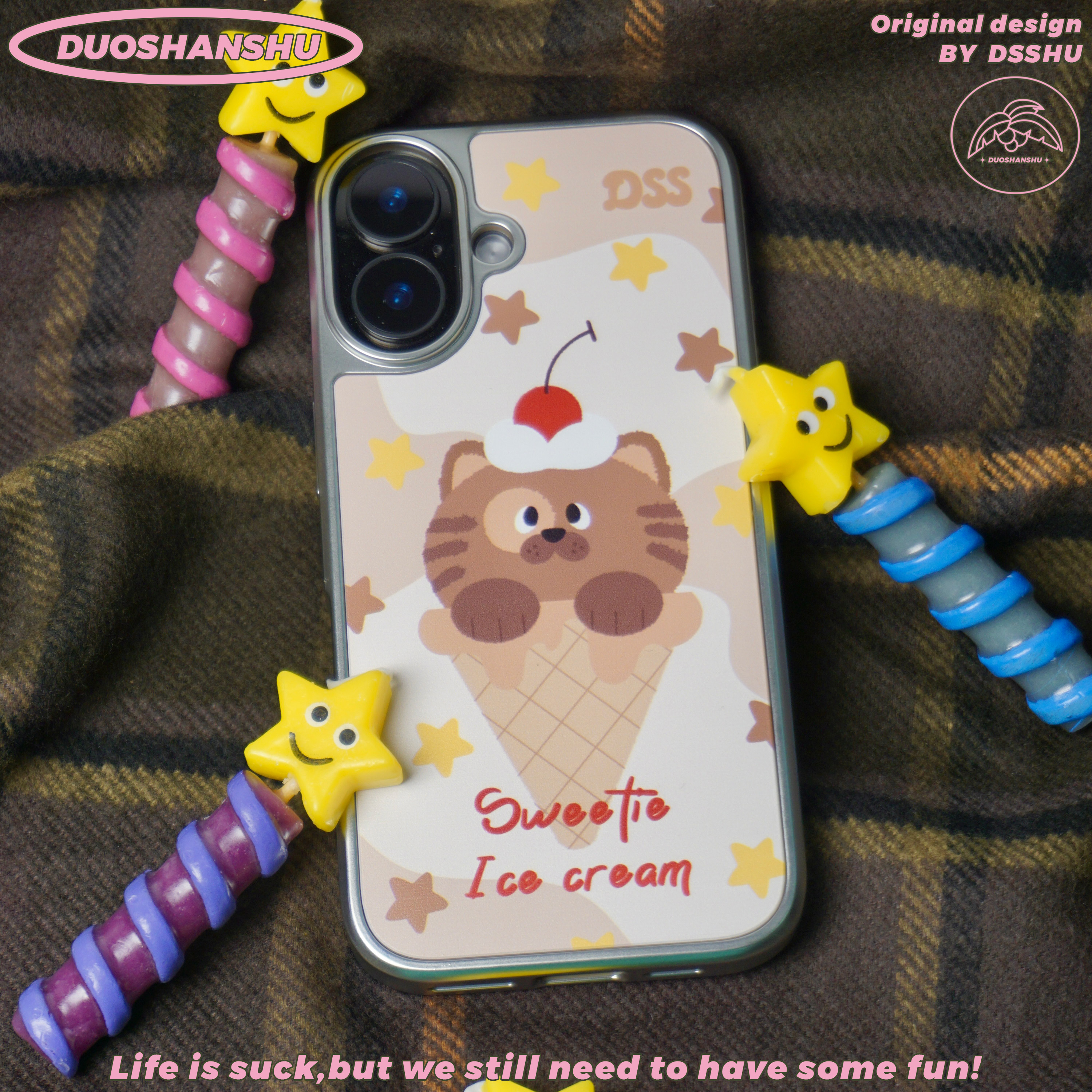 DUOSHANSHU 原创设计新款插画-美拉德冰激凌猫猫创意可爱电镀银边手机壳适用于16promax