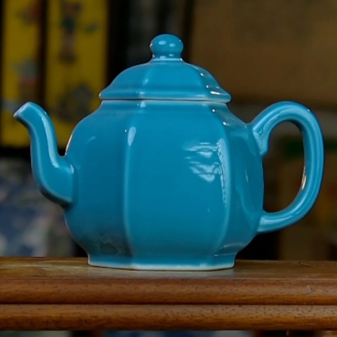 景德镇高温陶瓷建国瓷厂天蓝六方壶单色釉壶茶壶摆件 家居摆件