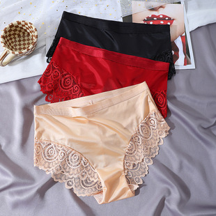 欧美外贸丝绸缎面蕾丝内裤女士中腰大码三角裤women's lace panty