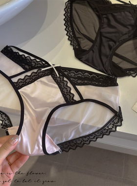 法式优雅纯欲风纯白黑色缎面镂空系带低腰三角内裤少女甜美夏棉档