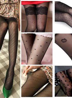 外贸韩包芯丝春夏纹身提花丝袜女春夏薄款连裤袜黑色白色  19爱心