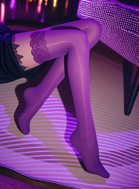 马油长筒袜大腿根超长款紫色诱惑性感蕾丝黑丝丝袜灰色油光亮黑色