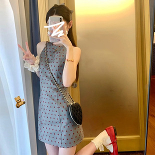 裙子 短款 复古miu系波点连衣裙春夏季 女收腰背心裙无袖