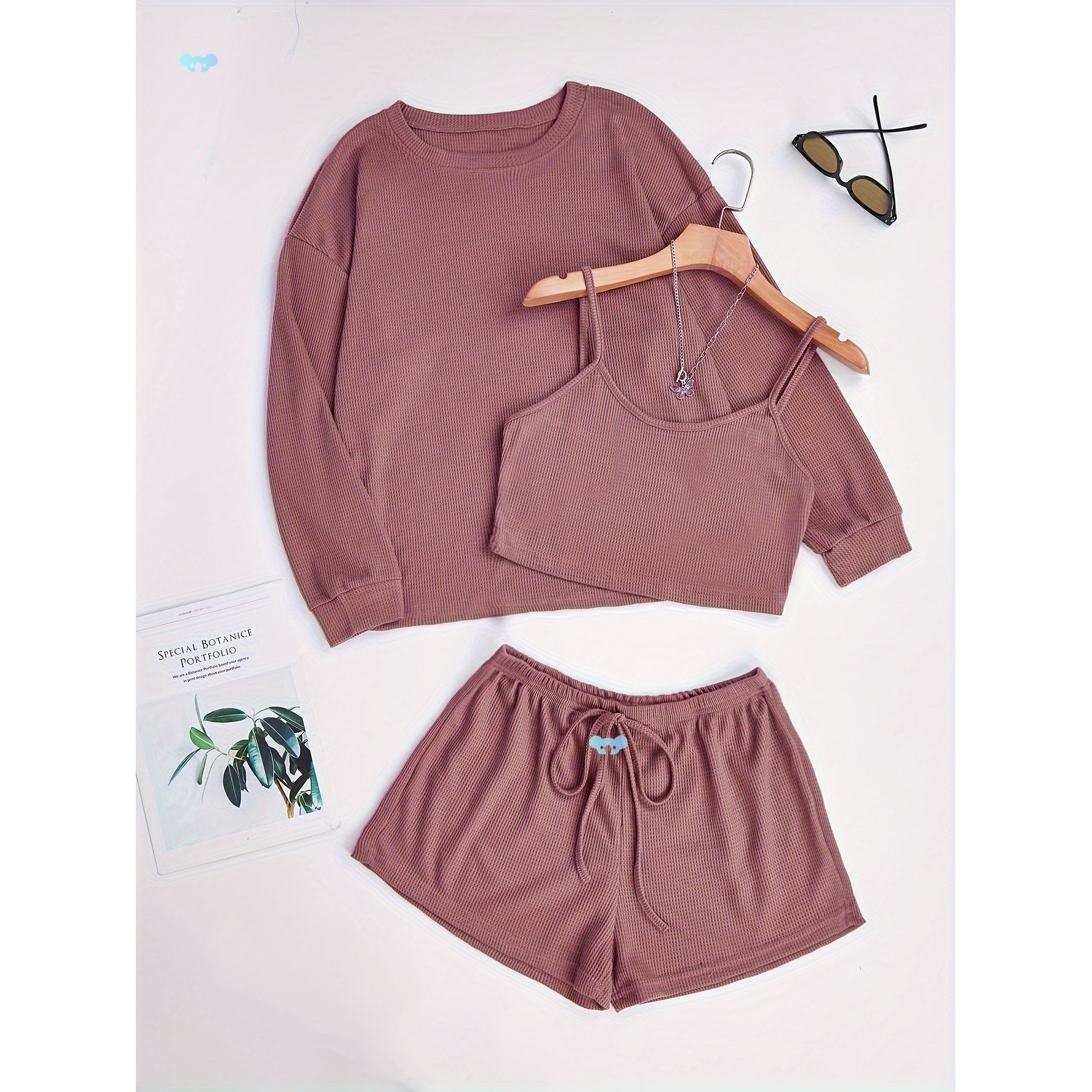 Autumn/Winter 3pcs Long Sleeve Waffle Knit Pajama Set