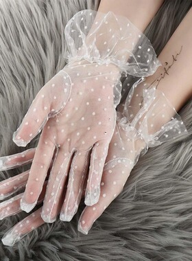 蕾丝黑色圆点短款花边手套女透气骑行防晒 婚礼新娘结婚波点手套