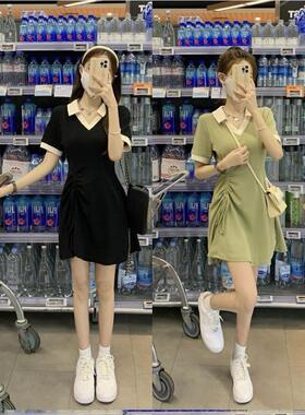 绿色polo领抽绳连衣裙夏季女设计感小众修身收腰显瘦休闲t恤裙子
