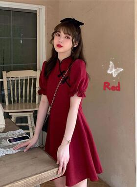 红色设计感盘扣裙子2025款改良旗袍复古收腰显瘦茶歇法式连衣裙夏