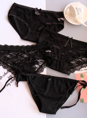 4条装 蝴蝶结蕾丝女士内裤中腰三角裤少女黑色裤大码 蕾丝女王