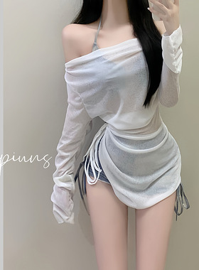 温泉泳衣女度假美式扎染蓝色三点式运动分体平角比基尼罩衫三件套