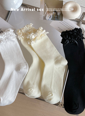 洛丽塔花边袜子蝴蝶结中筒可爱春秋Jk少女白色堆堆棉袜miu风百搭